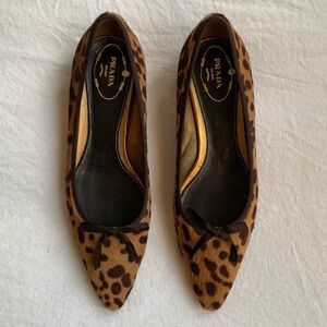 Vintage Prada Leopard Calf Pony Hair Bow Ribbon Pointy Toe Flats Brown Tan